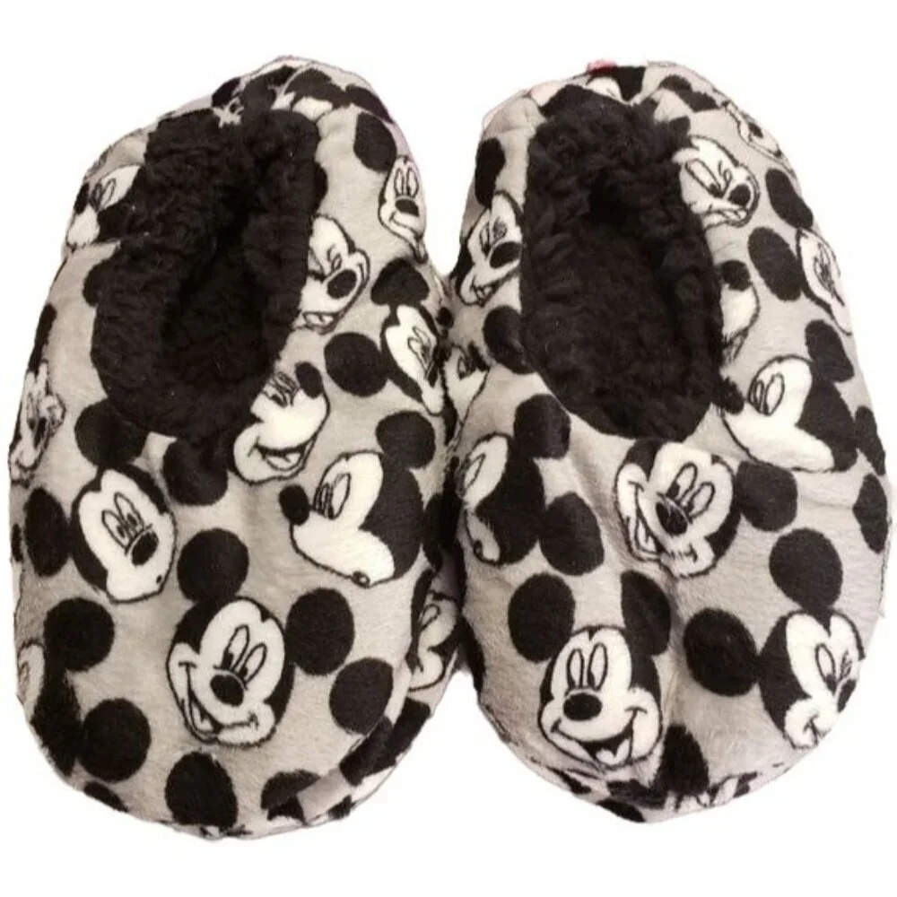 Mickey Mouse Disney Slippers Shoe Fuzzy Plush Kid Babba Foot Wear Grey Black